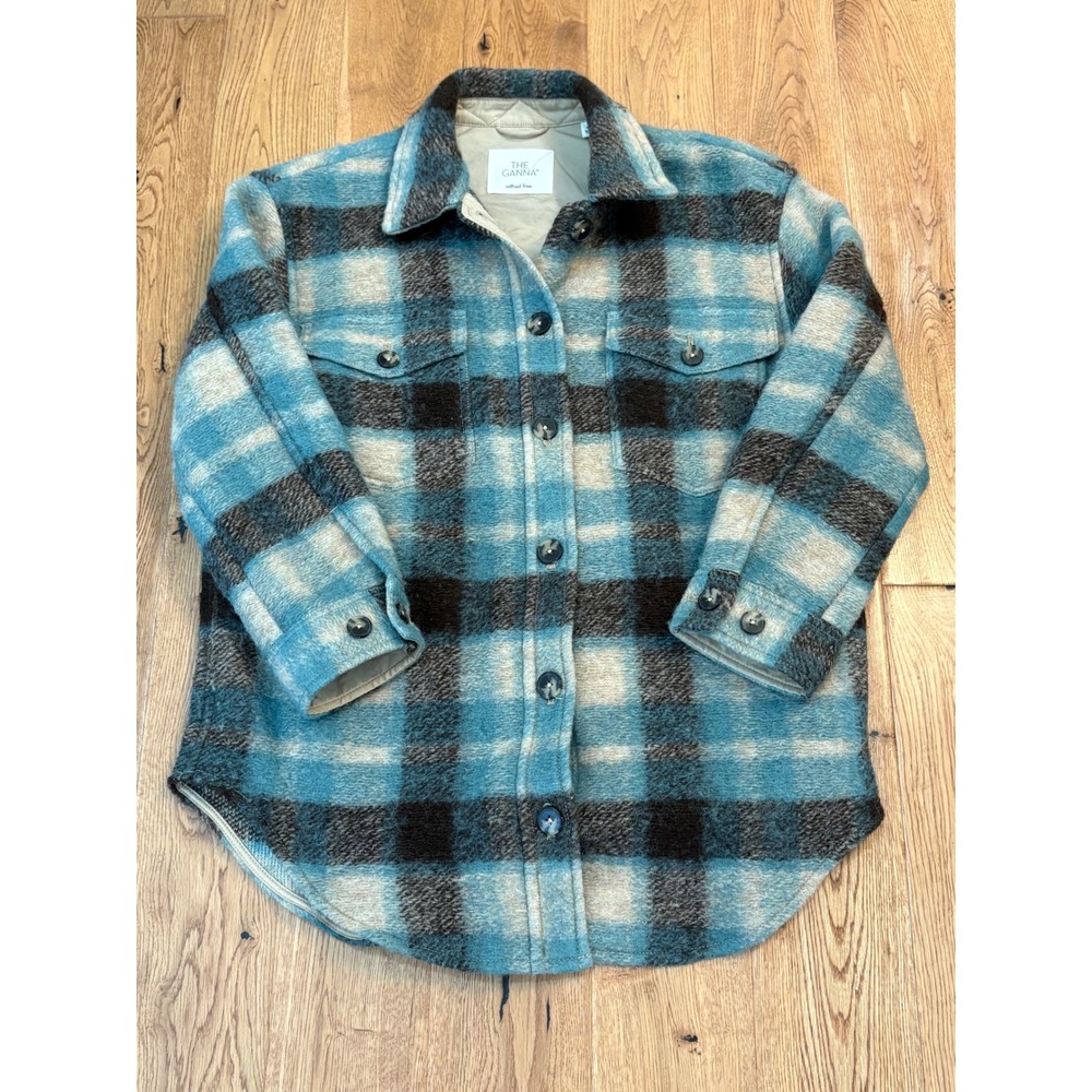 Aritzia Wilfred Free The Ganna Shirt Jacket Plaid Wool Blue Cream Dark Brown M